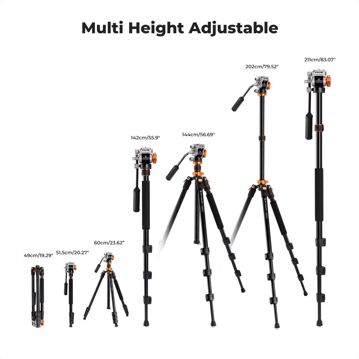 K&F Concept 2 in 1 Video Tripod Monopod with FH-03 Fluid Head K234A7 / O255C4