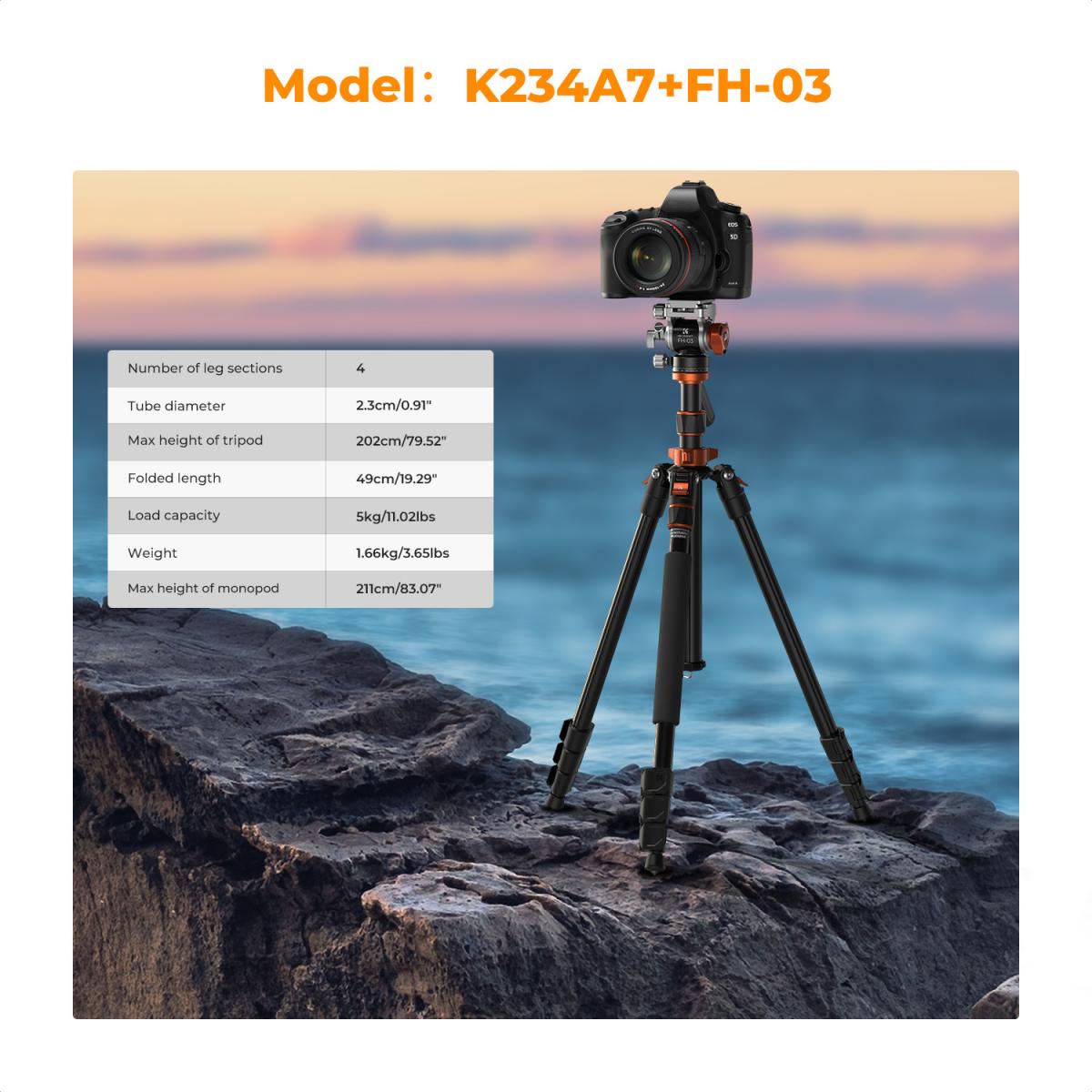 K&F Concept 2 in 1 Video Tripod Monopod with FH-03 Fluid Head K234A7 / O255C4
