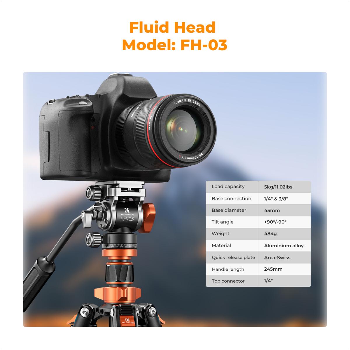 K&F Concept 2 in 1 Video Tripod Monopod with FH-03 Fluid Head K234A7 / O255C4