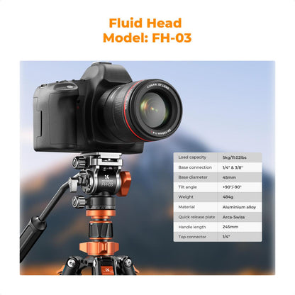 K&F Concept 2 in 1 Video Tripod Monopod with FH-03 Fluid Head K234A7 / O255C4