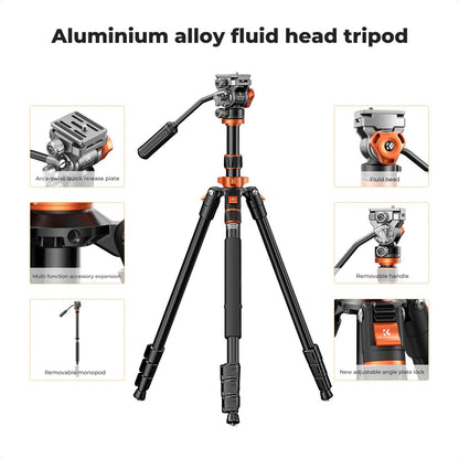 K&F Concept 2 in 1 Video Tripod Monopod with FH-03 Fluid Head K234A7 / O255C4