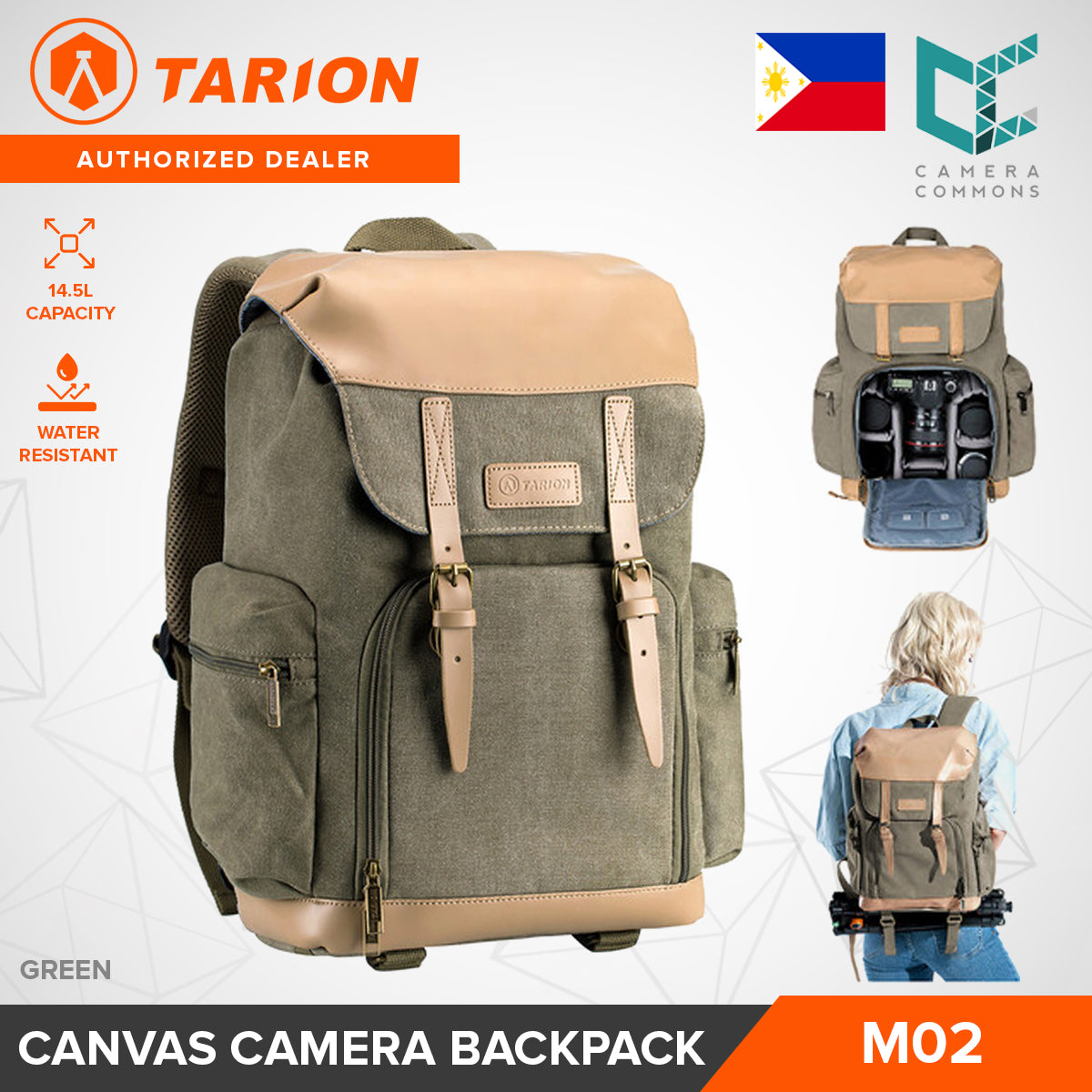 Tarion M02 Canvas Camera Backpack 14.5L Water Resistant Bag Photography Accessories (Green/Khaki)