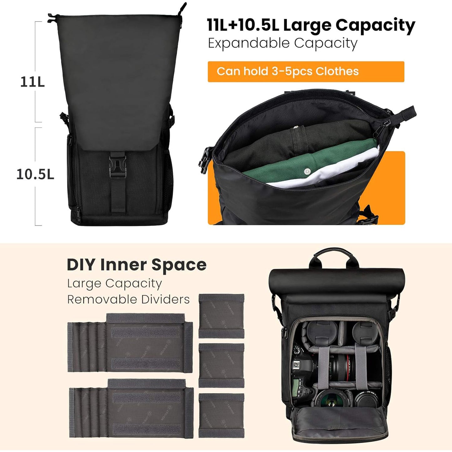 Tarion SP-01 Rolltop Camera Backpack Bag with Laptop Compartment and Sleeve