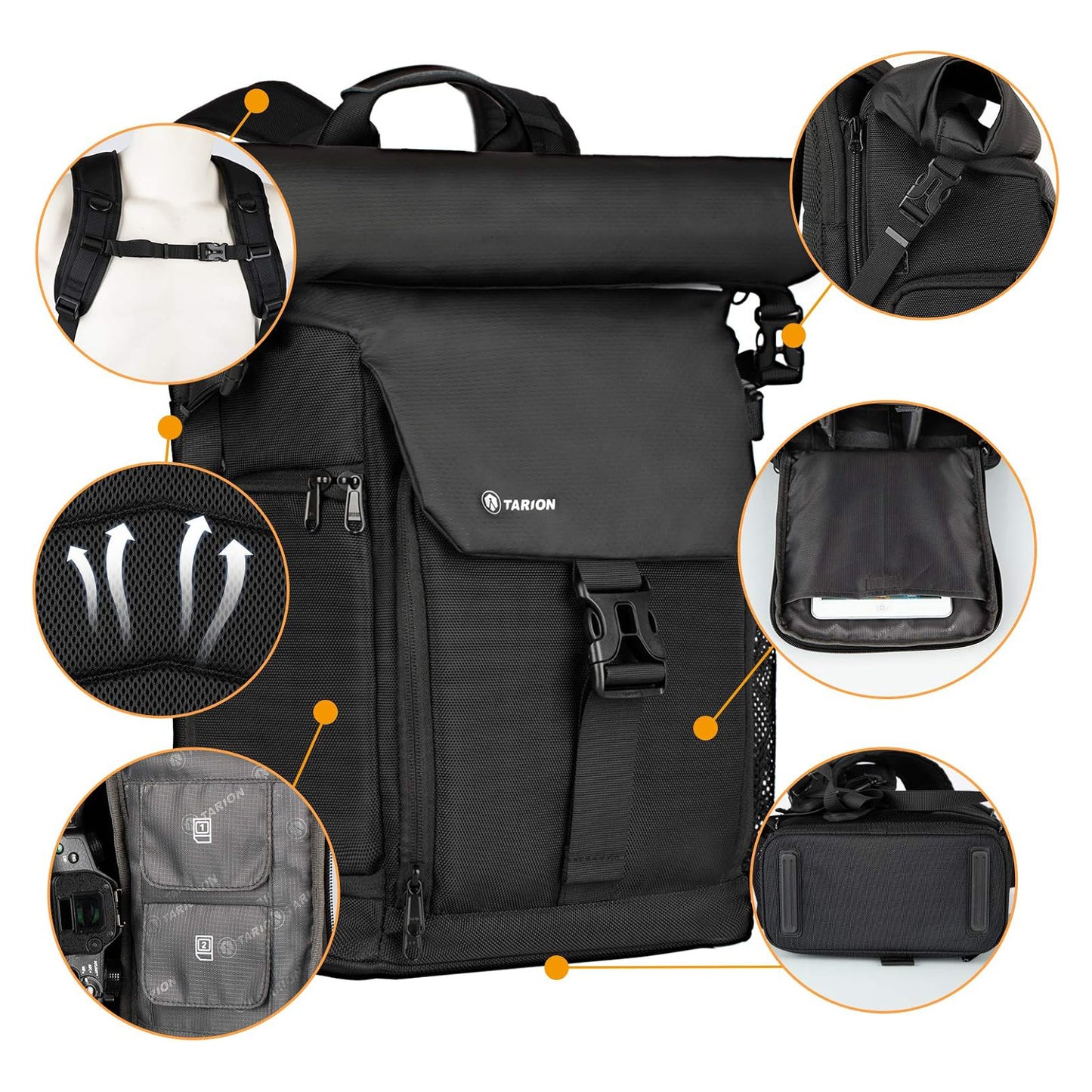 Tarion SP-01 Rolltop Camera Backpack Bag with Laptop Compartment and Sleeve