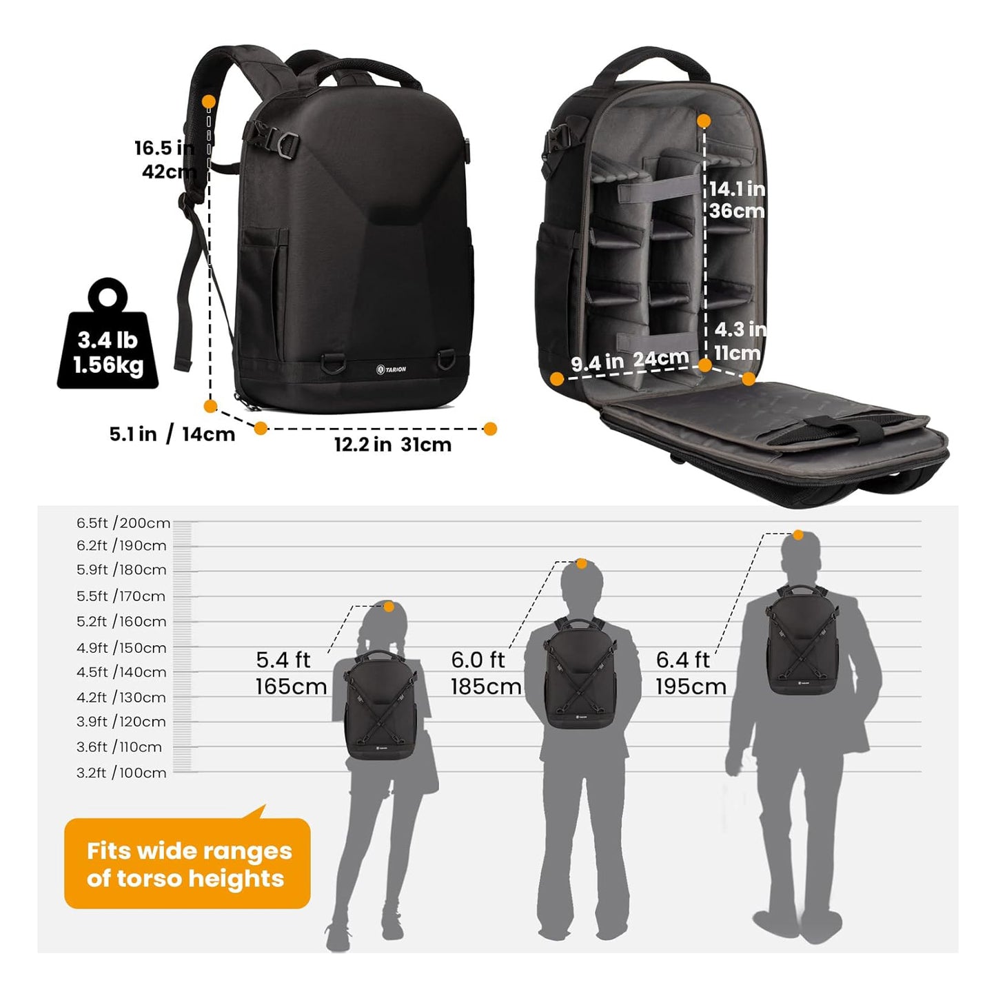 Tarion TR-H Hard Shell Camera Backpack 12L Capacity with Laptop Compartment Mirrorless Accessories