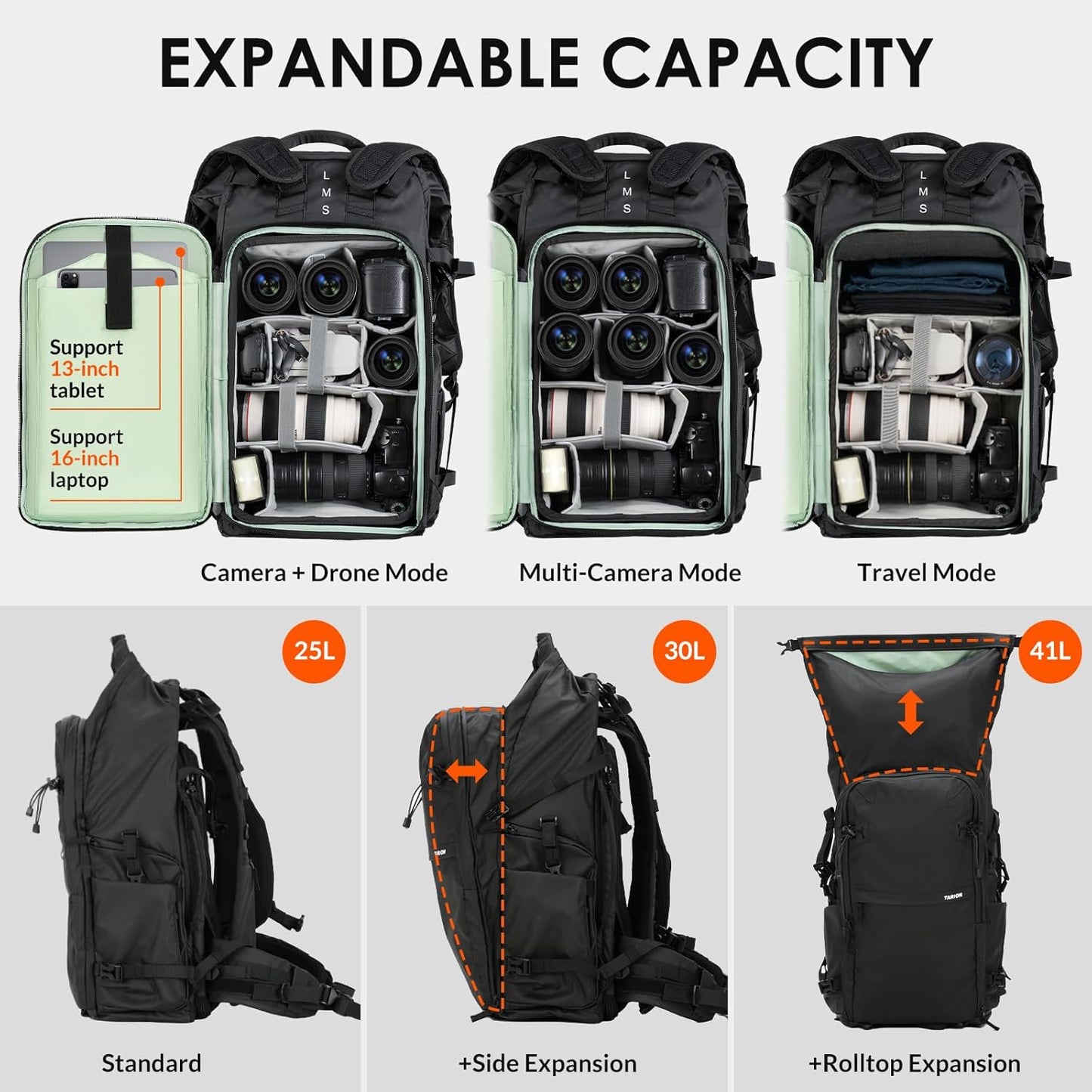 Tarion Xprober TR-XP Rolltop Large Camera Backpack Bag 35L Capacity with Laptop Compartment