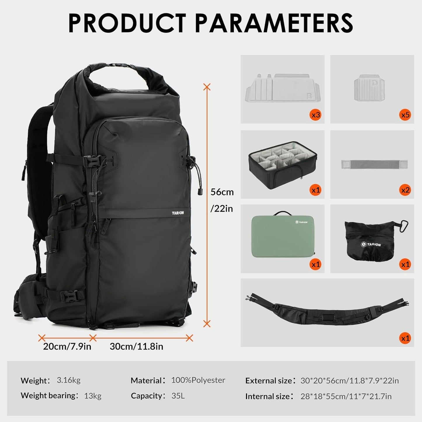 Tarion Xprober TR-XP Rolltop Large Camera Backpack Bag 35L Capacity with Laptop Compartment