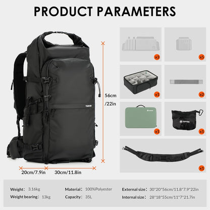 Tarion Xprober TR-XP Rolltop Large Camera Backpack Bag 35L Capacity with Laptop Compartment