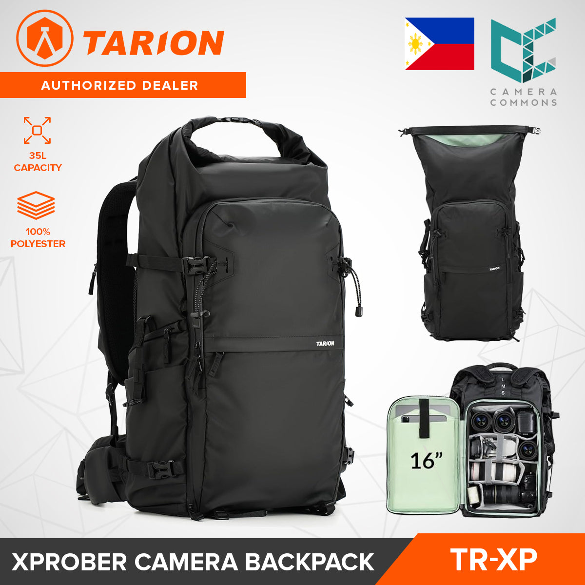 Tarion Xprober TR-XP Rolltop Large Camera Backpack Bag 35L Capacity with Laptop Compartment