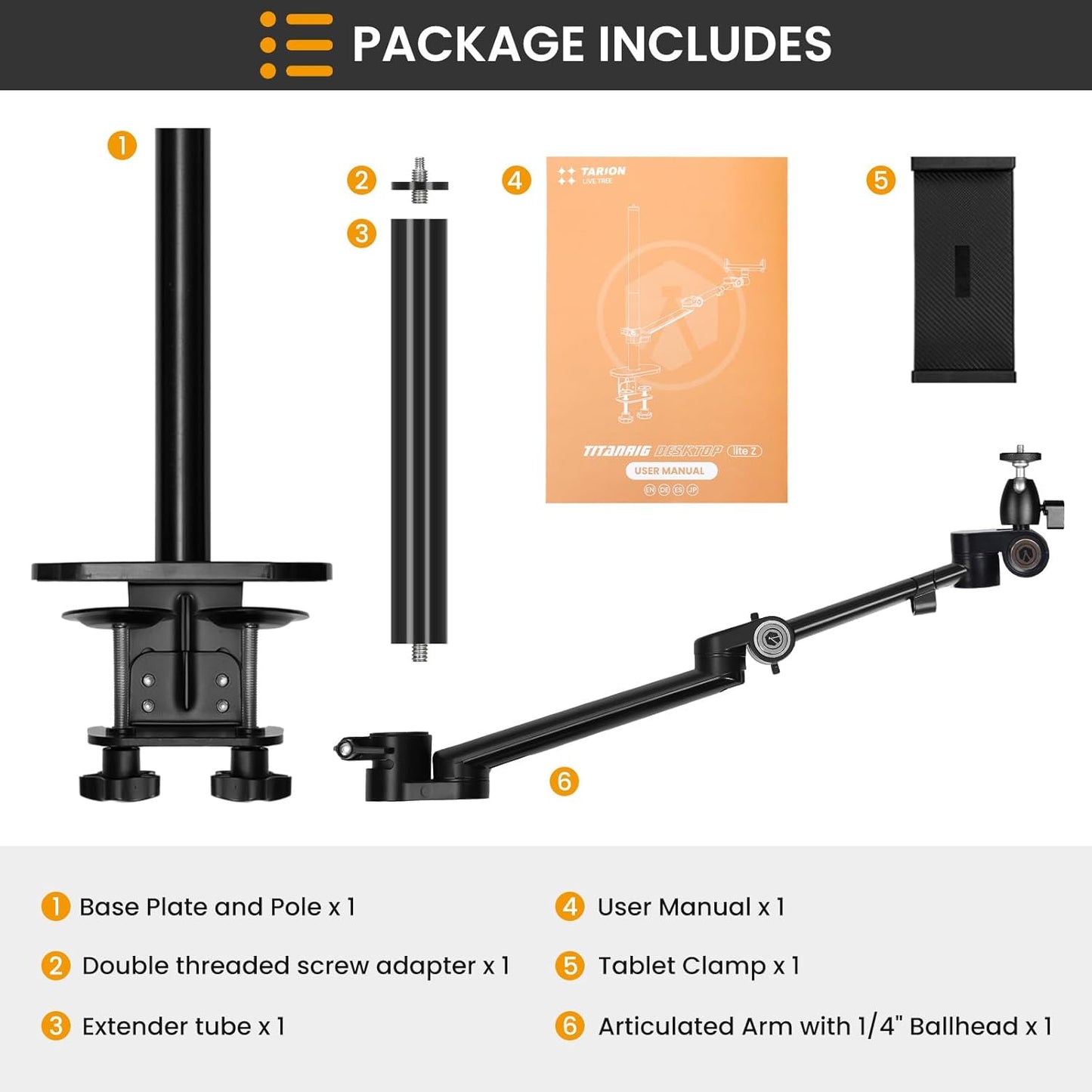 Tarion Titanrig Desktop Lite Z Arm Mount Stand Secure Clamps Aluminum Alloy Clamp and Poles