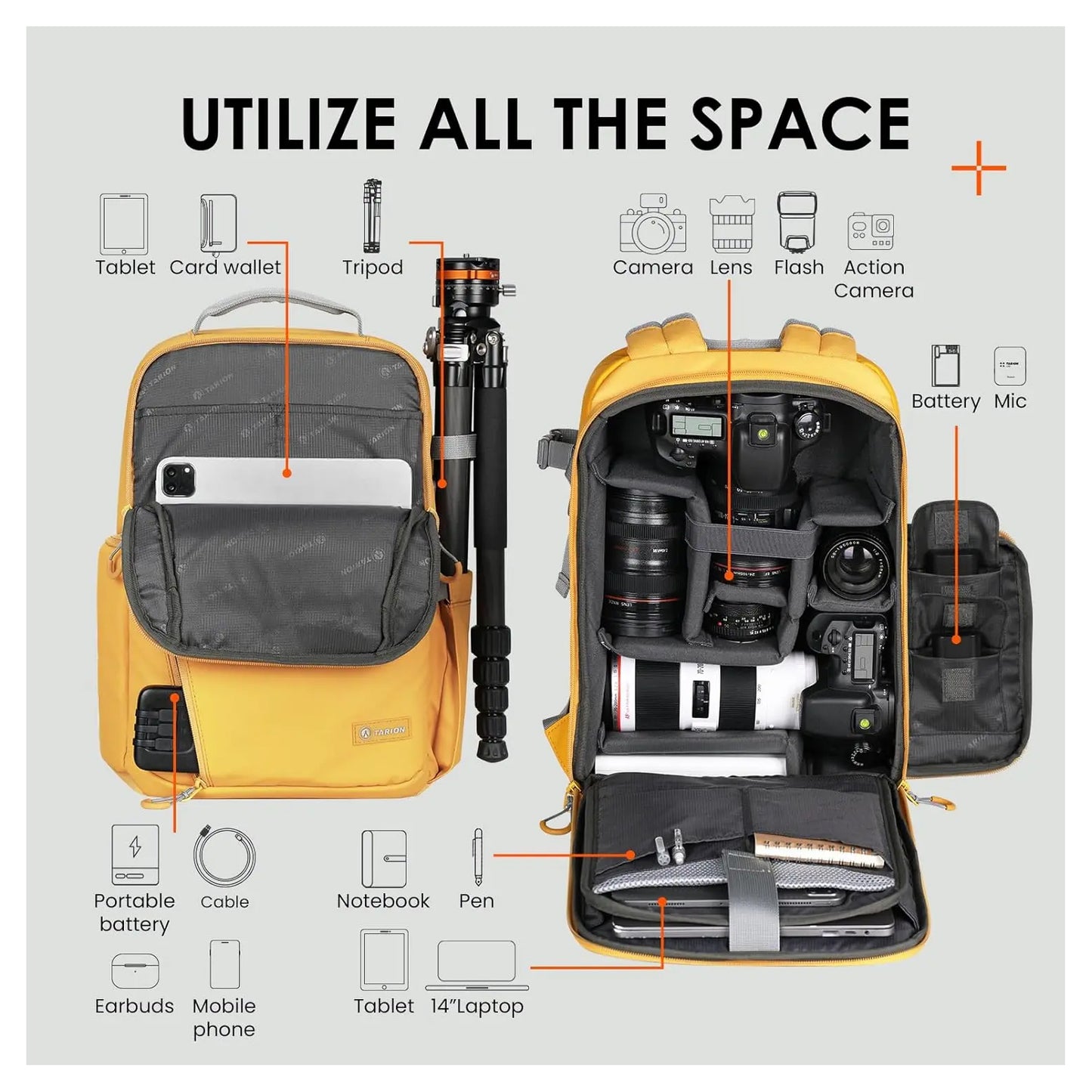 Tarion TR-L Slim Camera Backpack Yellow Compact and Lightweight 12 Compartments and Pockets