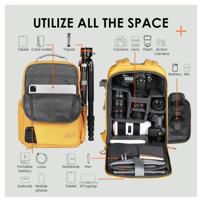 Tarion TR-L Slim Camera Backpack Yellow Compact and Lightweight 12 Compartments and Pockets