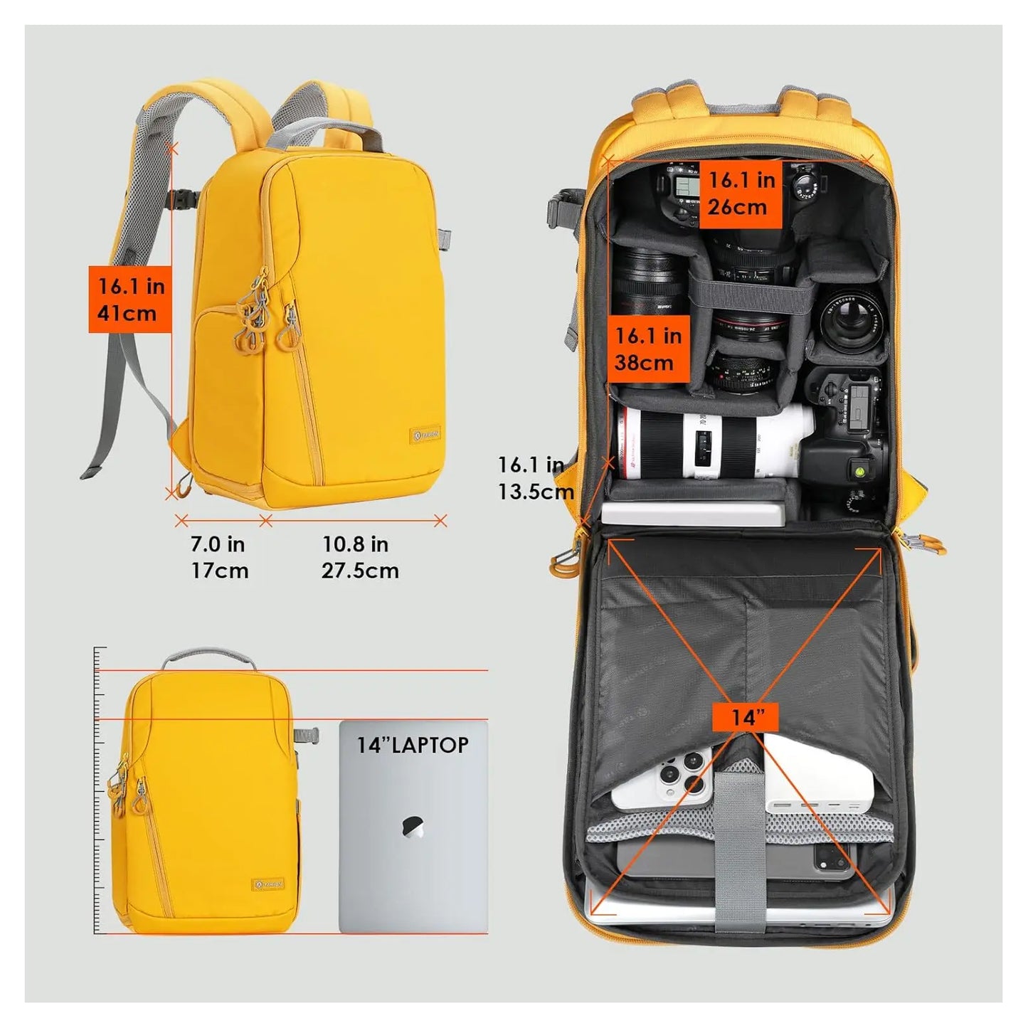 Tarion TR-L Slim Camera Backpack Yellow Compact and Lightweight 12 Compartments and Pockets