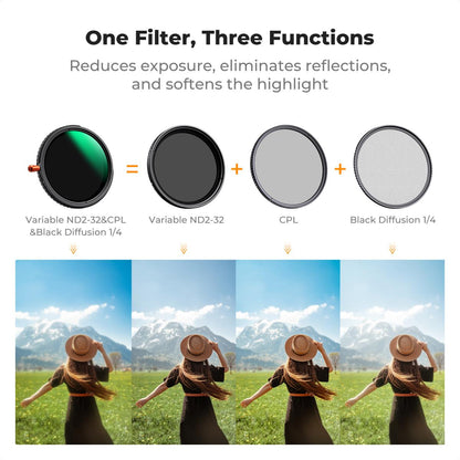 K&F Concept 3-in-1 ND2-32 + CPL Circular Polarizer + 1/4 Black Mist Diffusion Camera Lens Filter