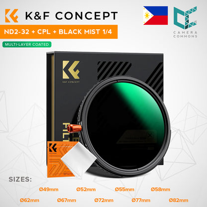 K&F Concept 3in1 ND2-32+CPL Polarizer+1/4 Black Mist Diffusion Camera Lens Filter + Cleaning Cloth