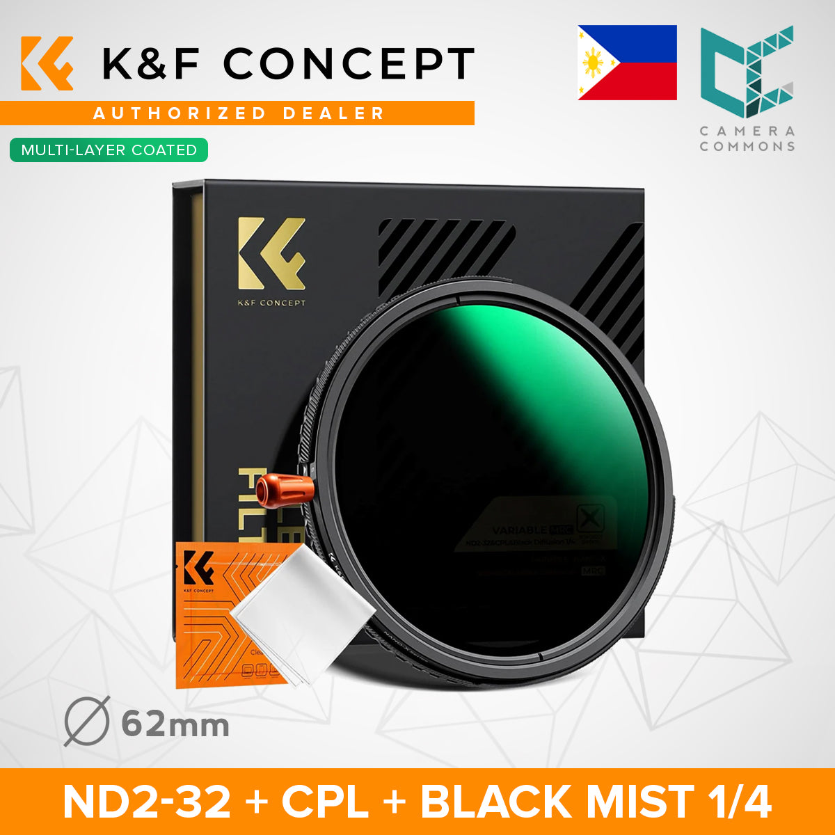 K&F Concept 3in1 ND2-32+CPL Polarizer+1/4 Black Mist Diffusion Camera Lens Filter + Cleaning Cloth