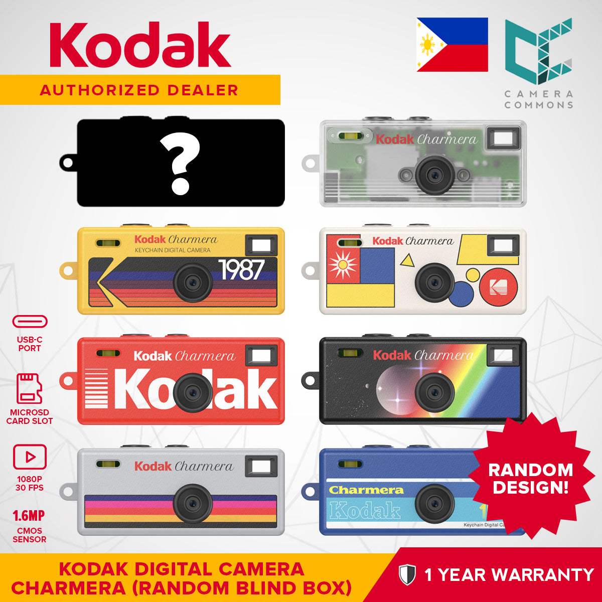 Kodak Charmera Mini Digital Camera (RANDOM Design Blind Box) 1.6MP 1080p 30fps Key Chain Retro
