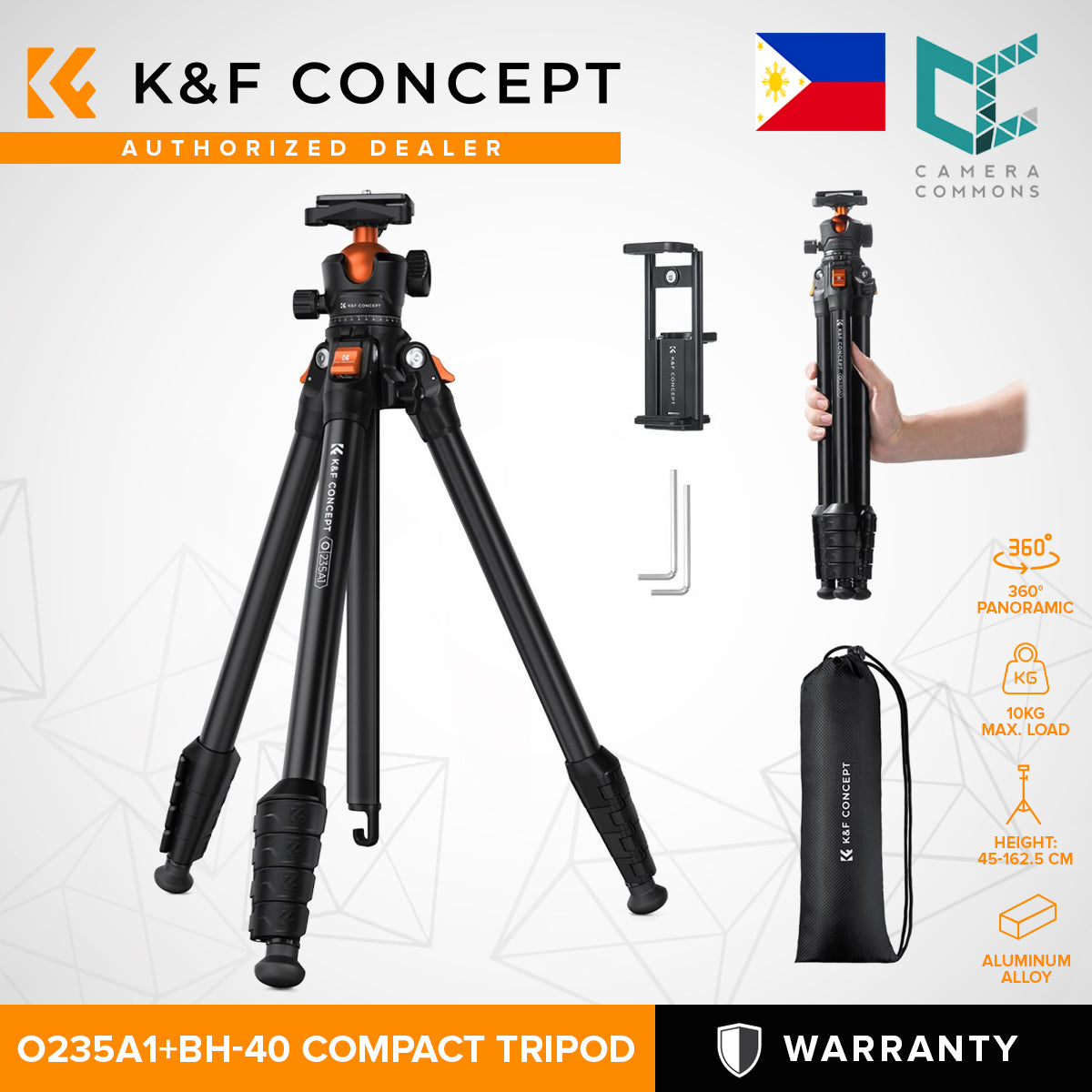 K&F Concept O235A1+BH-40 Camera Tripod Lightweight Compact with Phone Holder KF09.161