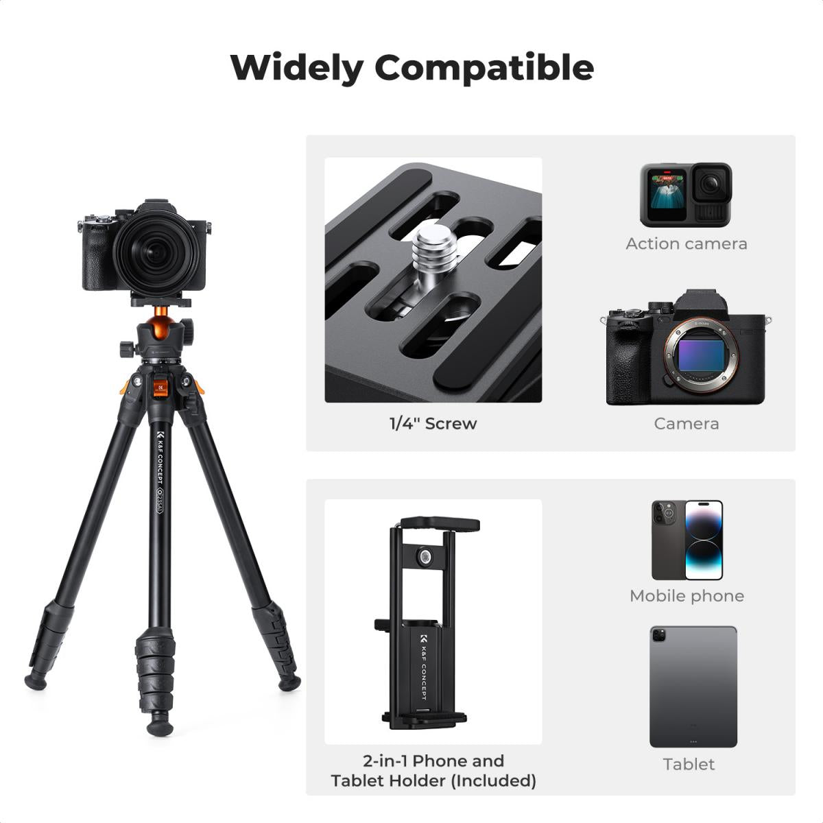 K&F Concept O235A1+BH-40 Camera Tripod Lightweight Compact with Phone Holder KF09.161