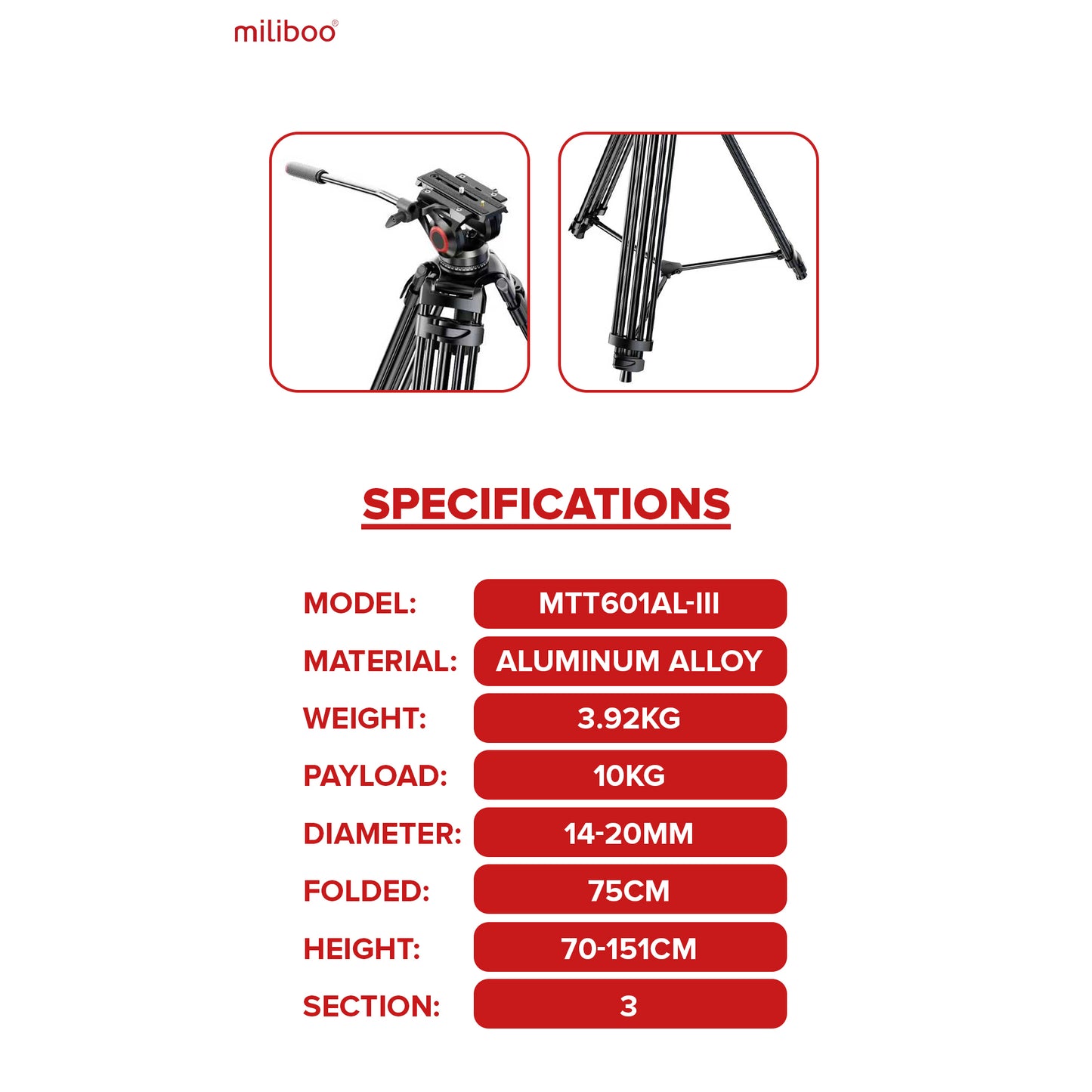 Miliboo MTT601AL-III Professional Aluminum Video Tripod with Fluid Head with Mid-Level Spreader