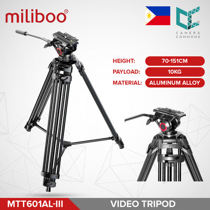 Miliboo MTT601AL-III Professional Aluminum Video Tripod with Fluid Head with Mid-Level Spreader
