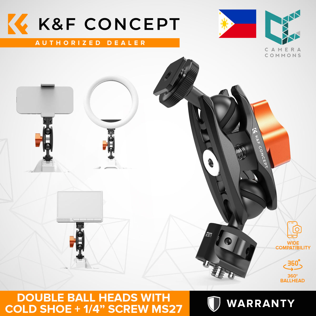 K&F Concept Universal Double Ball Heads Magic Arm with Cold Shoe 1/4" Screw Mount Studio Equipment