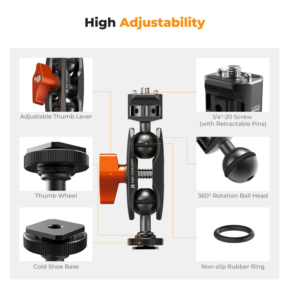 K&F Concept Universal Double Ball Heads Magic Arm with Cold Shoe 1/4" Screw Mount Studio Equipment