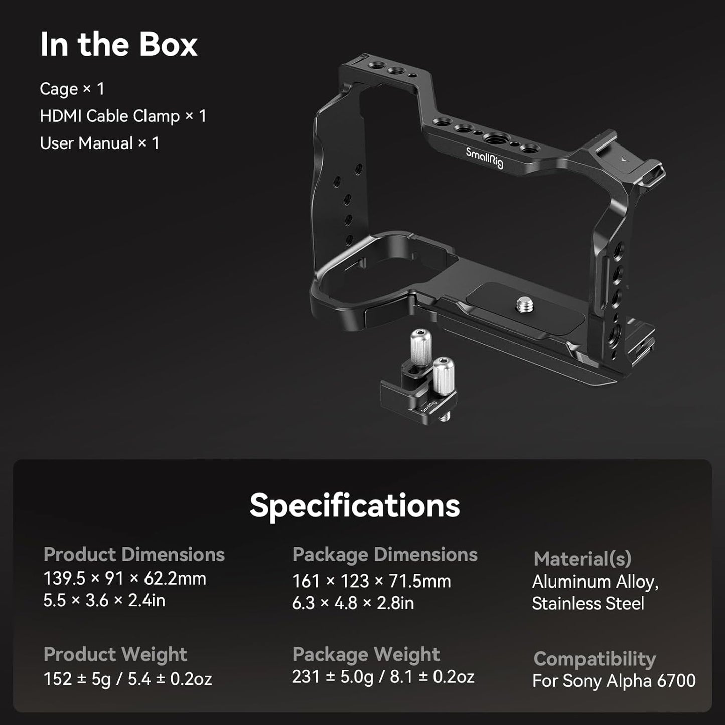 SmallRig Camera Cage Kit for Sony A6700 Video Cage Accessories 1/4''-20 3/8''-16 Holes 4336