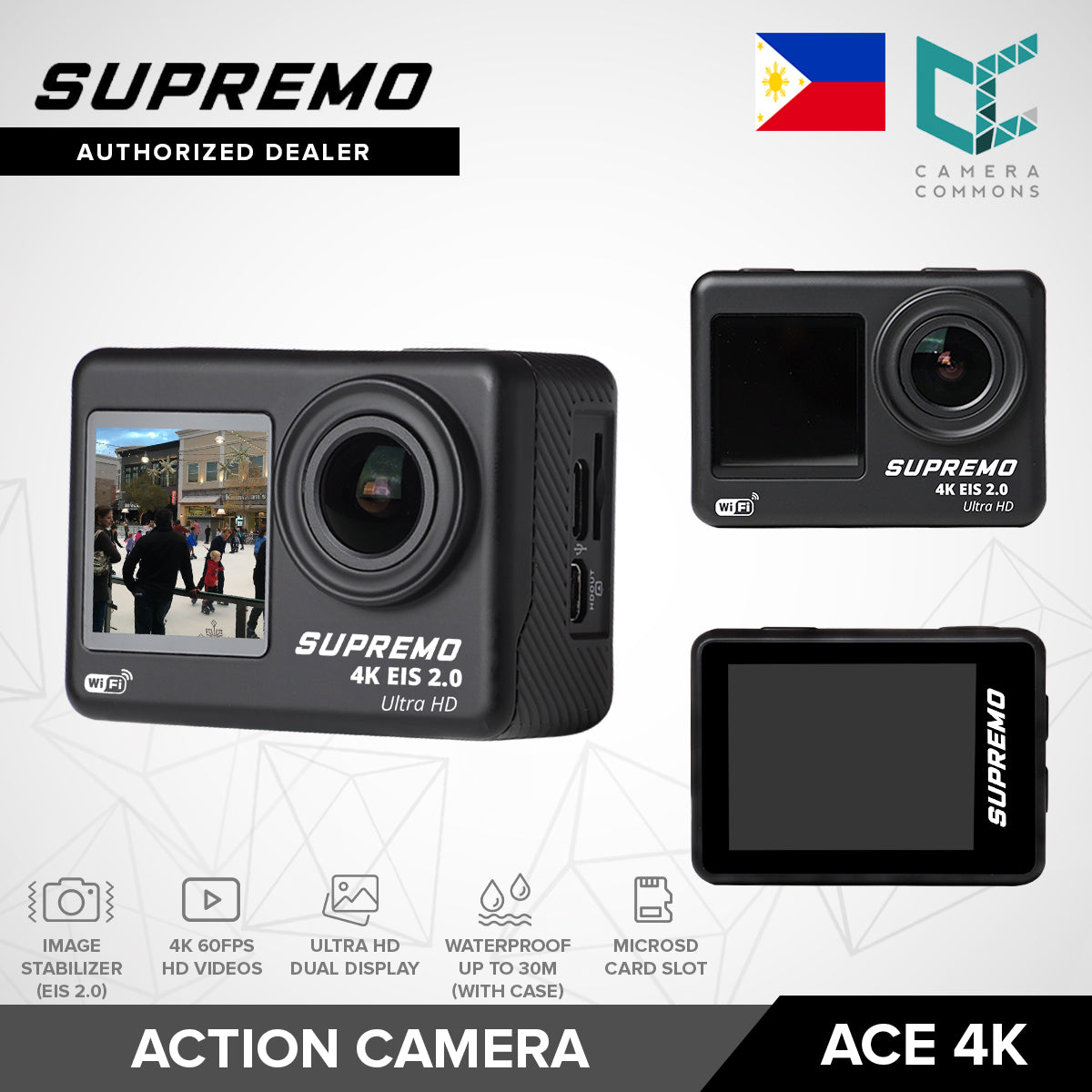 Supremo Ace 4K Dual Display WaterProof Action Camera 4K60fps Electronic Image Stabilizer Wide Angle