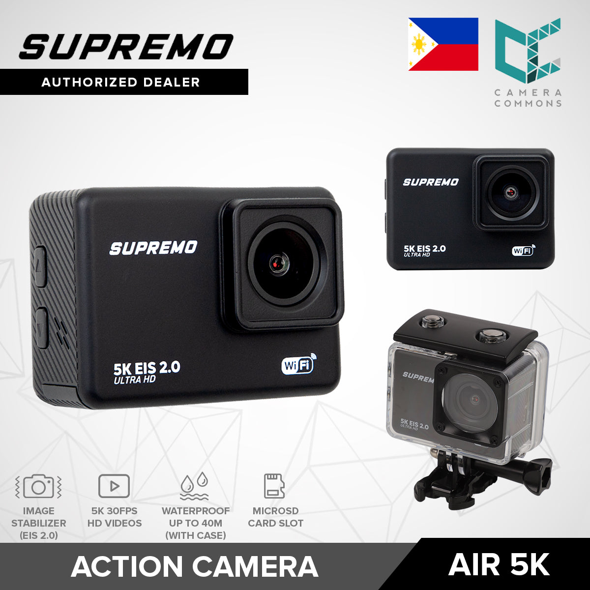 Supremo Air 5K Action Camera 20MP 5K30fps Waterproof Electronic Image Stabilizer Wide Angle