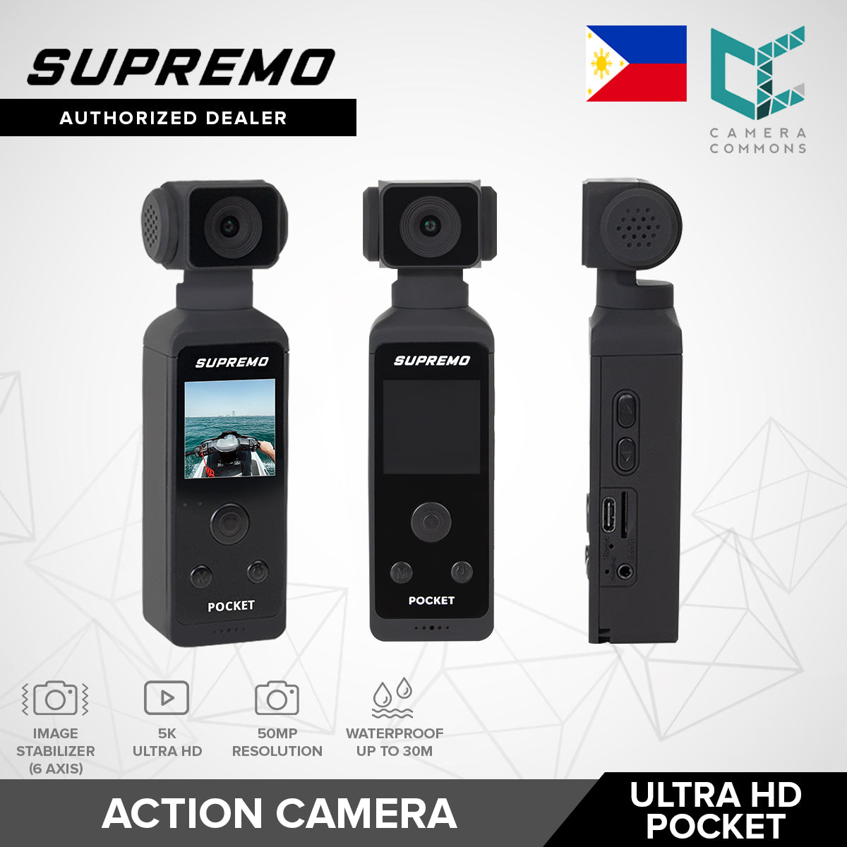 Supremo Ultra HD Pocket Action Camera Camcorder 6 Axis Stabilization 50MP 5K30fps Waterproof