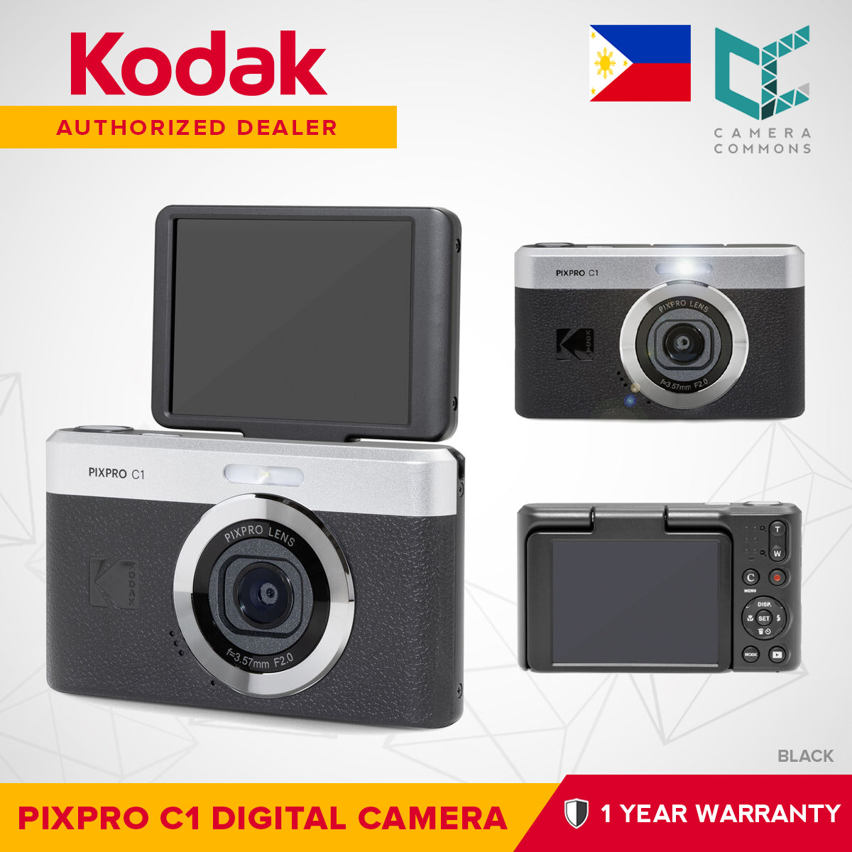 Kodak PIXPRO C1 Compact Digital Camera 13MP 26mm f/2 Wide-Angle Lens 1080p 60fps (Black/Brown/Tan)