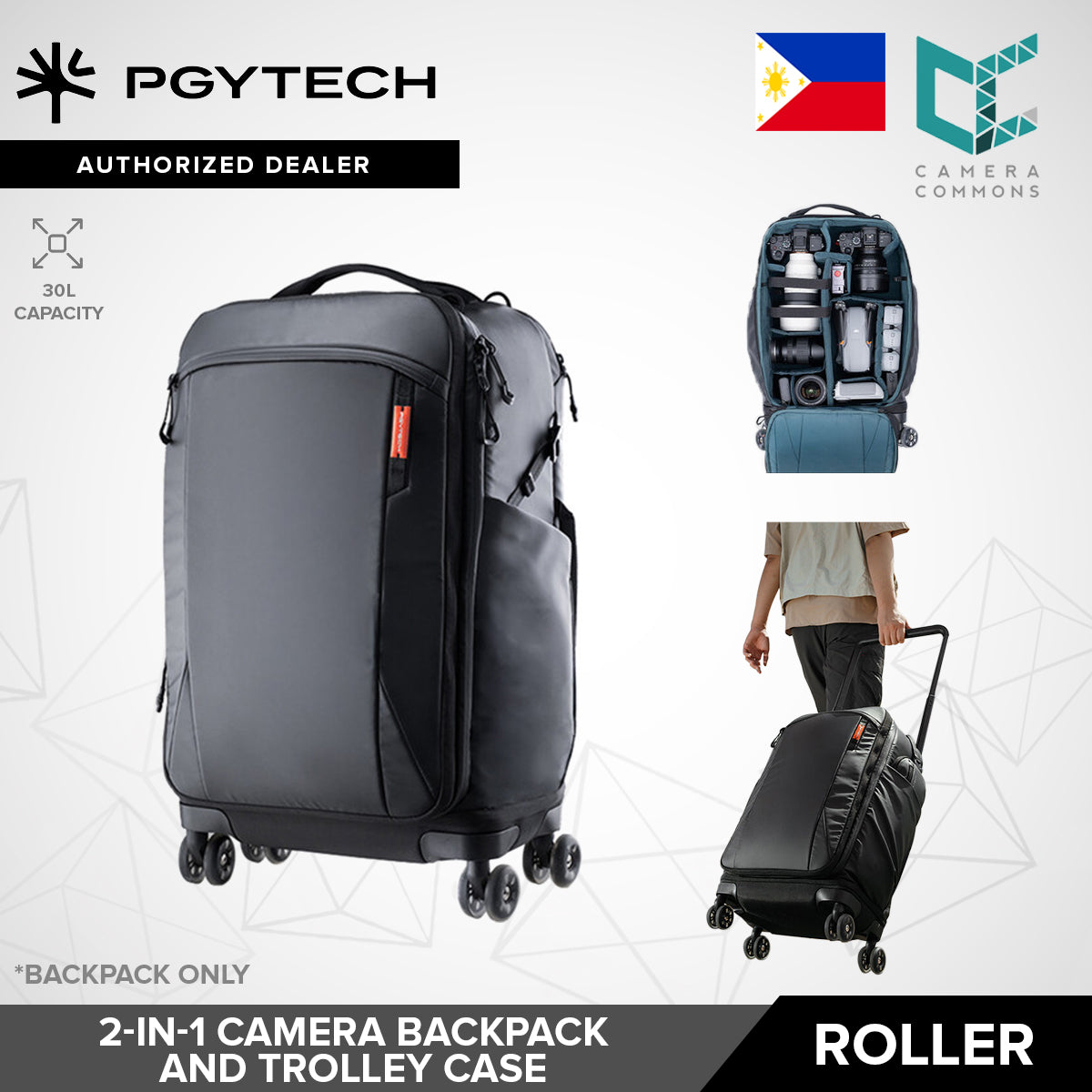 PGYTECH Roller Camera Backpack 30L Space Black 2 in 1 Trolley Case and Bag Expandable