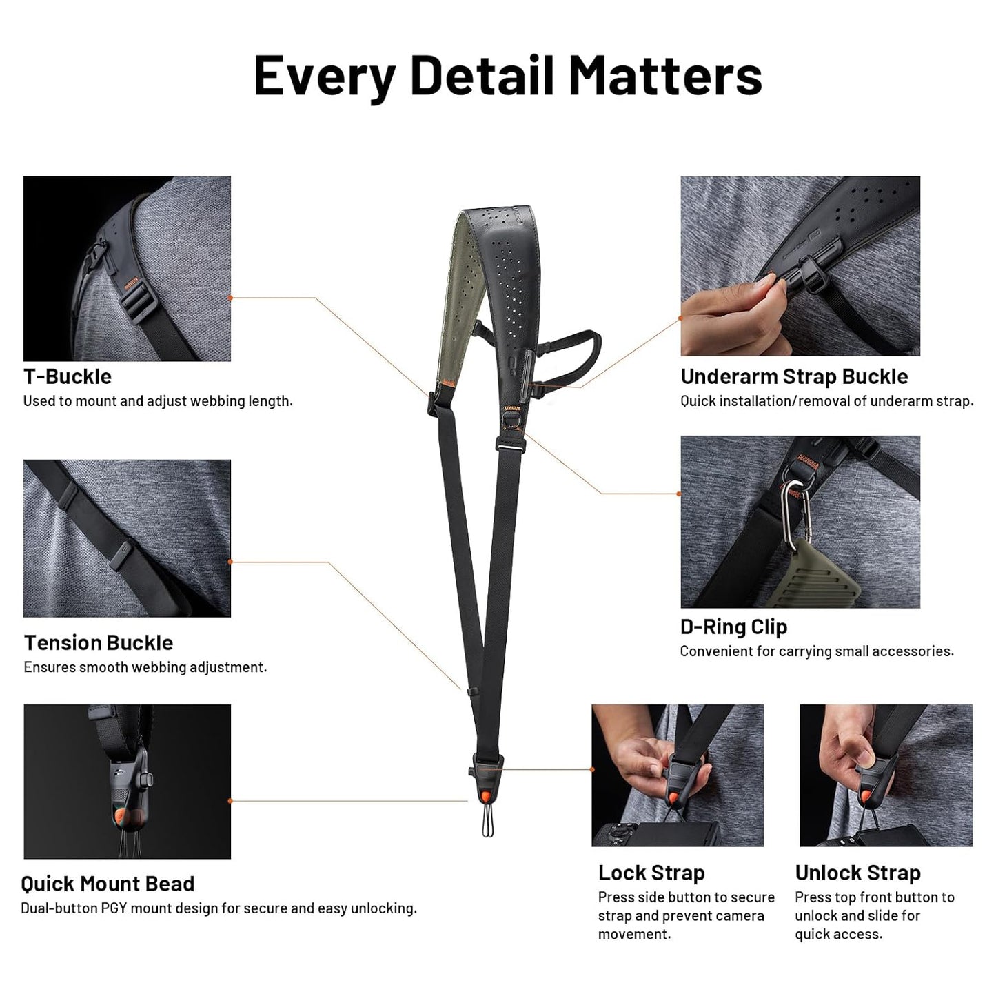 PGYTECH Camera Shoulder Strap Pro Quick Release Bead Connectors Snap Fast
