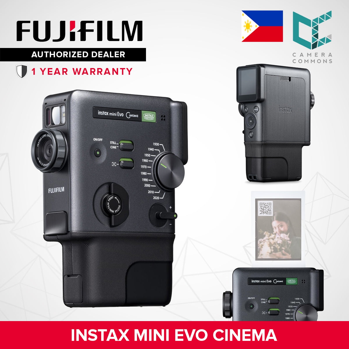 FUJIFILM Instax Mini Evo Cinema Instant Camera 5MP Hybrid Video Built-In Flash Continuous LED Light