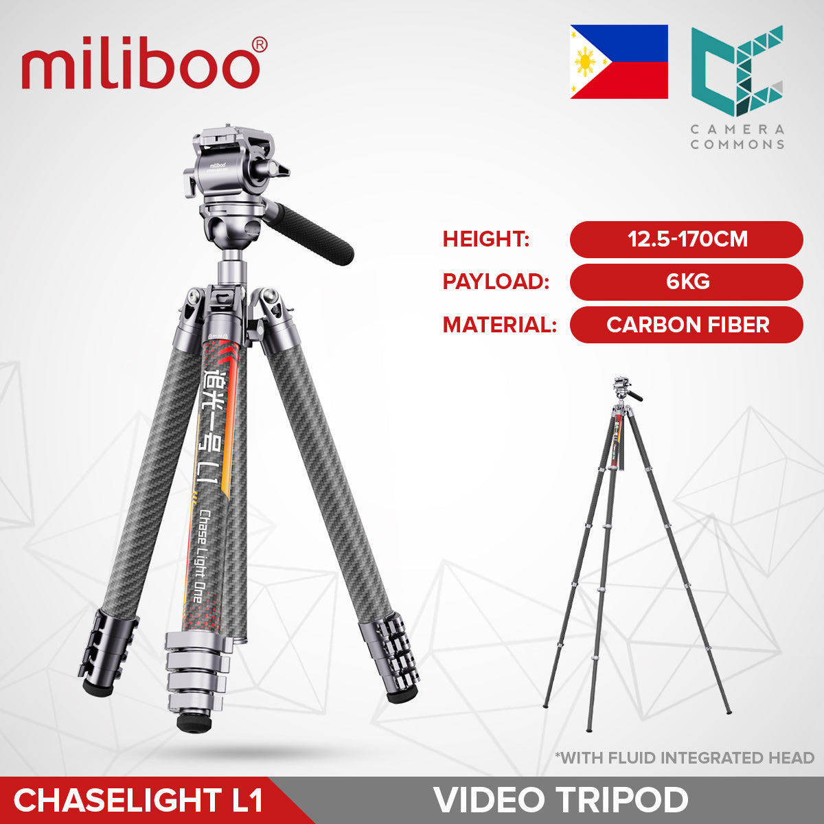 Miliboo ChaseLight L1 Professional Carbon Fiber Video Tripod with Fluid Head