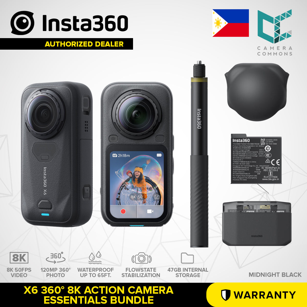 Insta360 X6 360° 8K Action Camera 65' Waterproof FlowState Stabilization Wide-Angle Video 120MP