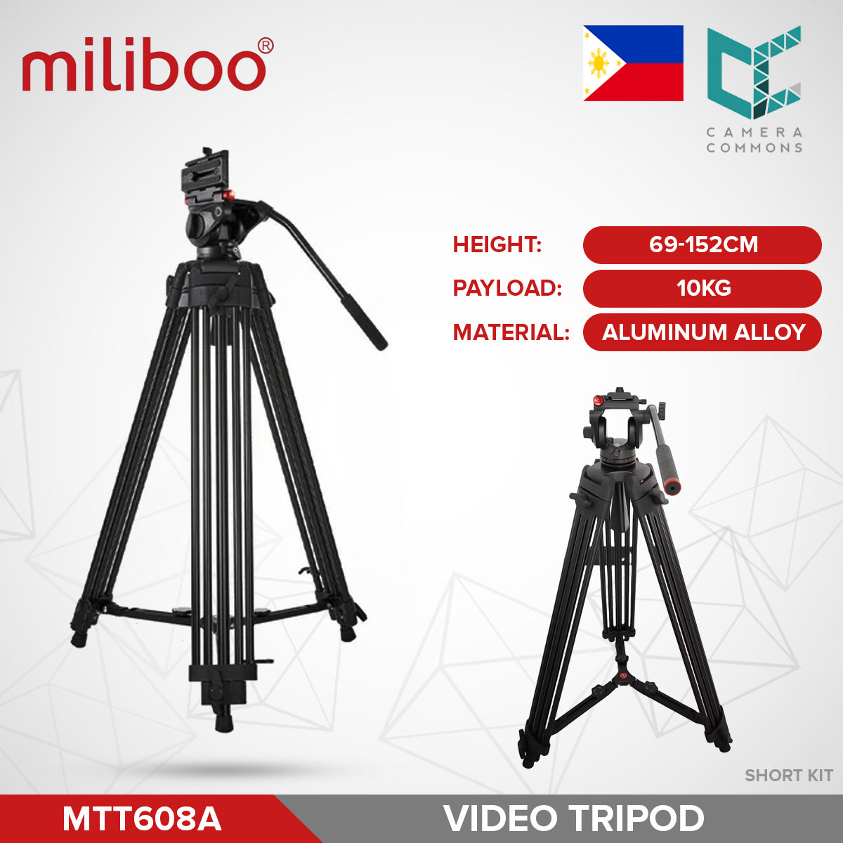 Miliboo MTT608A Short Kit Professional Aluminum Alloy Video Tripod with Fluid Head and Mid Spreader
