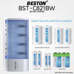 Beston BST-C821BW 6-Bay Battery Charger for AA / AAA / 9V / C / D Rechargeable Battery