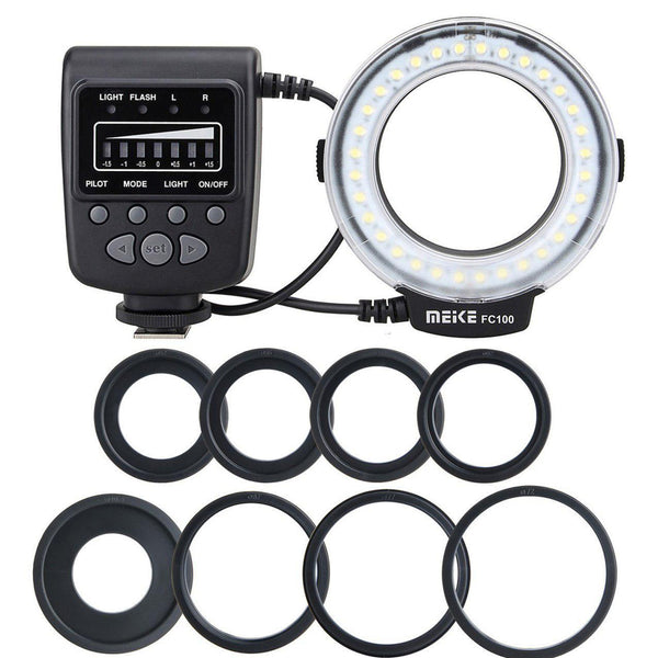 Meike FC100 Macro Ring Flash LED for Canon Nikon Pentax Olympus DSLR Camera Camcorder with Adapter Rings