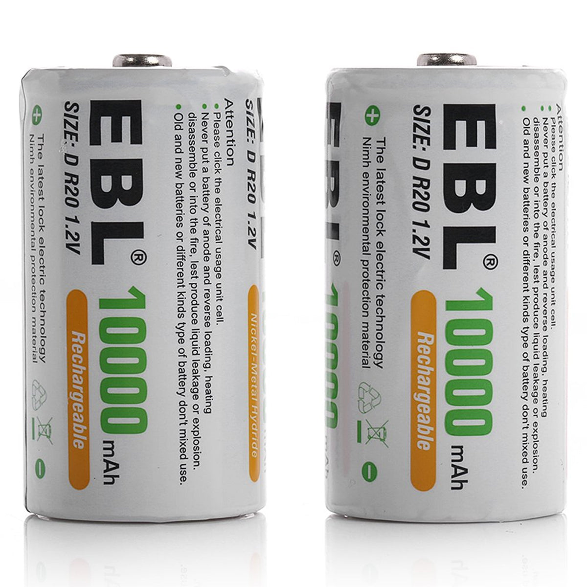 EBL 2 Pack Rechargeable D Batteries 10000mWh 1.5V Long Lasting USB