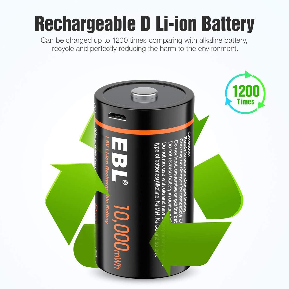 EBL USB Rechargeable D Batteries 10000mWh 1.5V Long Lasting D Cell Li ...