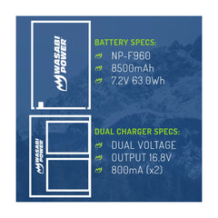 Wasabi Power Battery for SONY NP-F950, NP-F960, NP-F970, NP-F975 (L SERIES) BATTERY (2-PACK) AND DUAL CHARGER F960