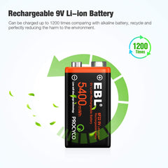 EBL USB Rechargeable 9V Lithium Batteries - 5400mWh Long Lasting LI-ion Batteries with Micro Charging Cable - Quick Charge in 2 Hours (4 Pack)