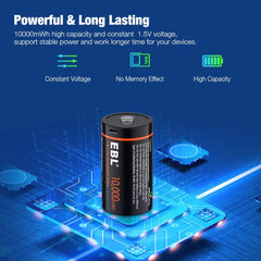 EBL USB Rechargeable D Batteries 10000mWh 1.5V Long Lasting D Cell Li-ion Batteries 2 Pack