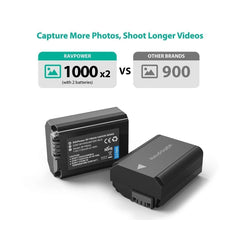 NP-FW50 FW50 RAVPower Camera Batteries Charger Set for Sony A6000 Battery, A6500, A6300, A6400, A7, A7II, A7RII, A7SII, A7S, A7S2, A7R, A7R2, A55, A5100, RX10 Accessories (2-Pack, Micro USB Port, 1100mAh) NPFW50 NP FW50