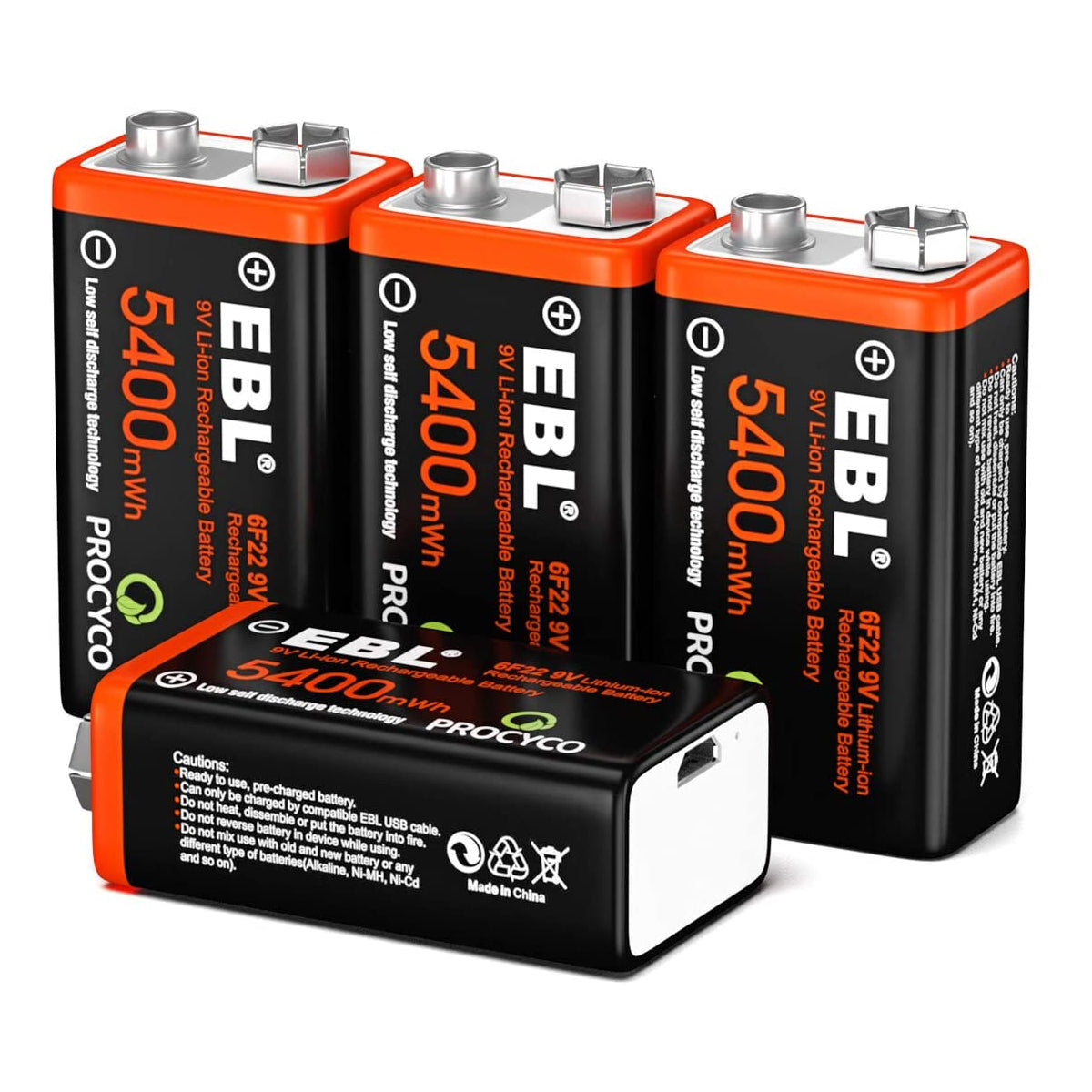 EBL 4-Pack 6F22 Ni-MH 9V 280mAh Rechargeable Batteries