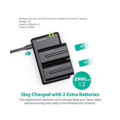 NP-F550 RAVPower Battery Charger for Sony NP F970, F750, F770, F960, F550, F530, F330, F570, CCD-SC55, TR516, TR716, TR818, TR910, TR917 and more (2-Pack Replacement Battery Kit, Dual Slot Charger)