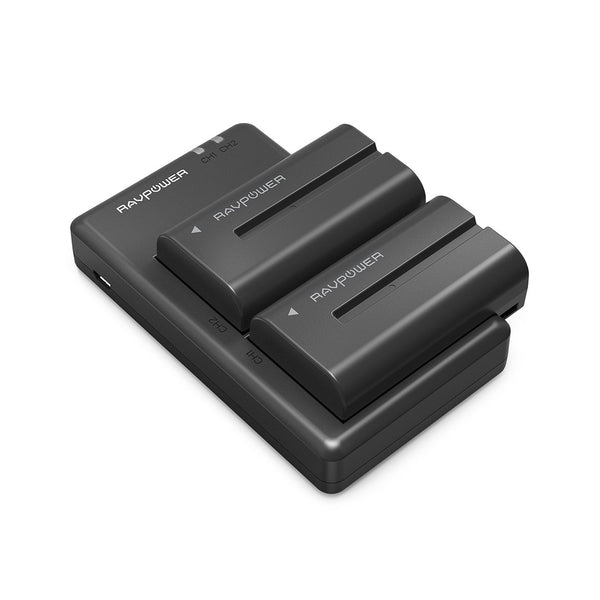 NP-F550 RAVPower Battery Charger for Sony NP F970, F750, F770, F960, F550, F530, F330, F570, CCD-SC55, TR516, TR716, TR818, TR910, TR917 and more (2-Pack Replacement Battery Kit, Dual Slot Charger)
