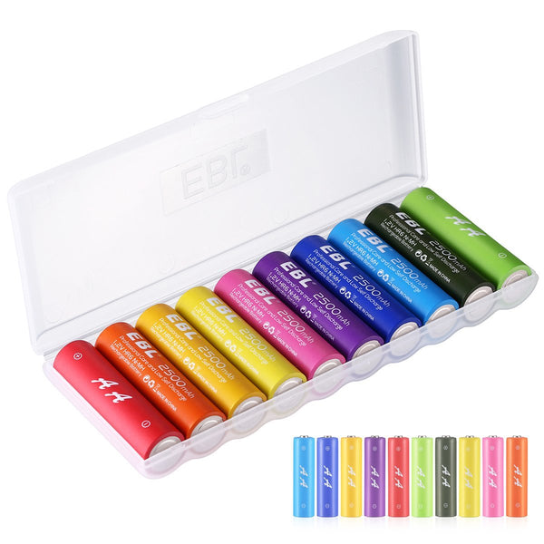 EBL Multi Color 10 Pack 1.2V AA Size 2500mAh Rechargeable battery - Ni-MH NiMH Multicolor 10 pc Batteries Camera Commons PH